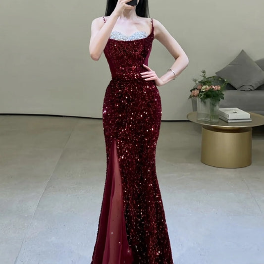 Fishtail Wine Red Sling Dress